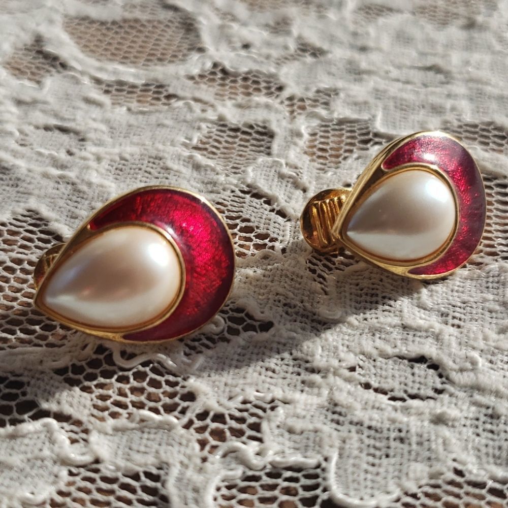 MONET Teardrop Red n Pearl Clip-on Earrings